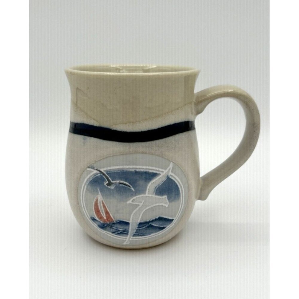 Vtg Otagiri Mug Coffee Tea Sailboat Flying Seagull Blue‎ Trim Stoneware Nautical